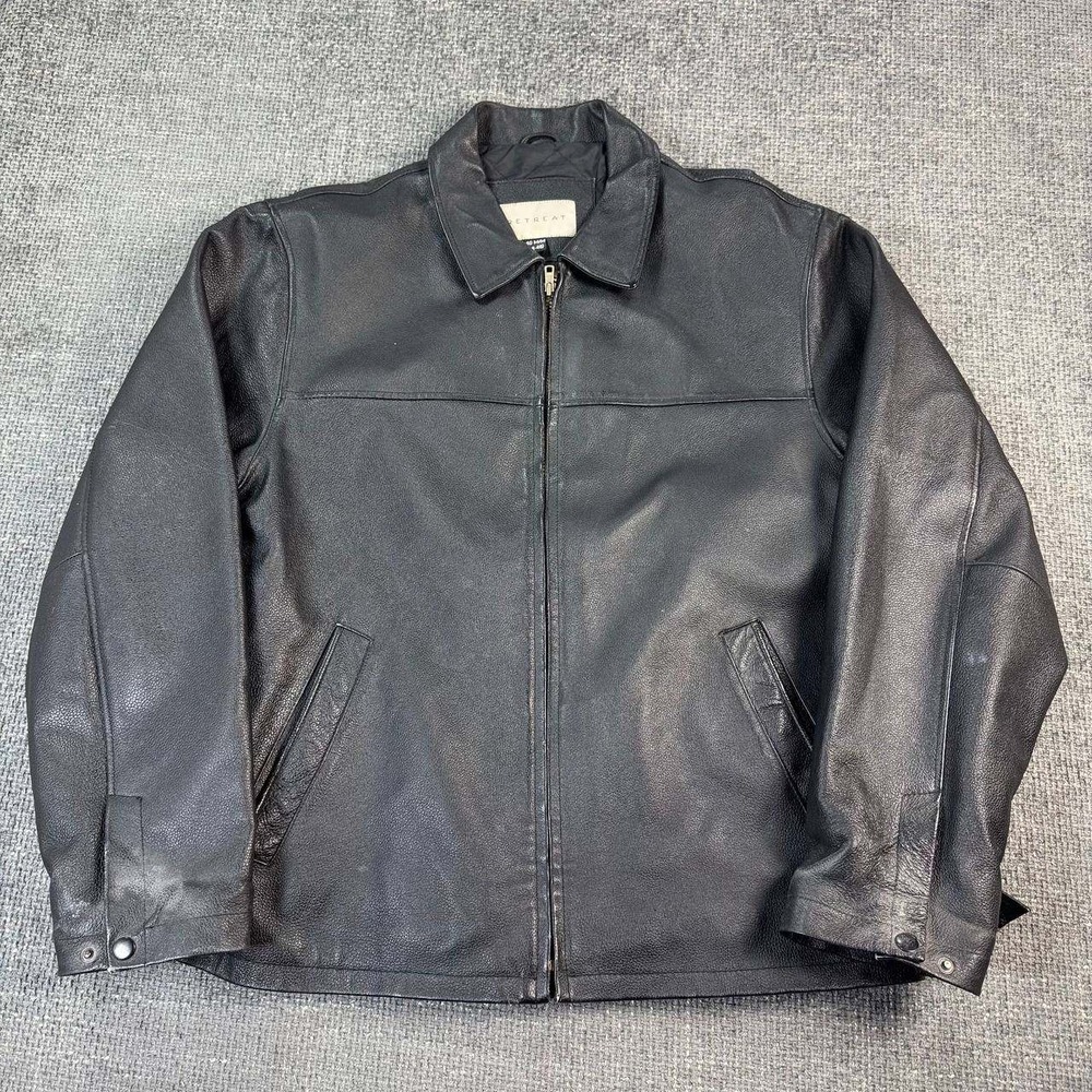 Retreat Leather Bomber Jacket Mens XL Black Zip Up Vintage Y2K Streetwear